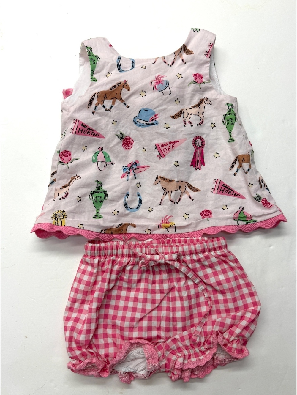 Sweethoney Pink Horse Sleeveless Swing Top Gingham Bloomers Outfit Set 12 Months
